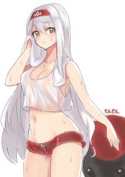 Rule 34 | 10s, 1girl, artist name, breasts, brown eyes, cleavage, groin, hairband, kantai collection, long hair, midriff, navel, parted lips, sensen, shorts, shoukaku (kancolle), simple background, solo, sweat, towel, white background, white hair