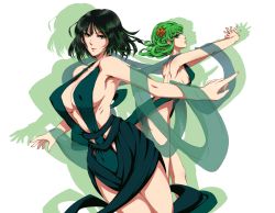 Rule 34 | &gt;:), 2girls, adapted costume, akino (gokosei), armpits, ass, backless dress, backless outfit, bare shoulders, breasts, closed mouth, cowboy shot, curly hair, dress, drop shadow, covered erect nipples, flower, from side, fubuki (one-punch man), green dress, green eyes, green hair, hair flower, hair ornament, highres, kneepits, large breasts, leaning forward, looking at viewer, multiple girls, one-punch man, outstretched arms, pelvic curtain, profile, revealing clothes, shawl, short hair, siblings, sideboob, sisters, sleeveless, sleeveless dress, small breasts, spread arms, tatsumaki, v-shaped eyebrows, white background