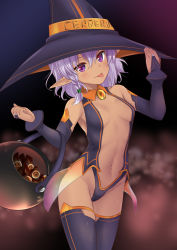 Rule 34 | 1girl, :p, arm up, bare shoulders, black hat, black leotard, black thighhighs, breasts, bridal gauntlets, center opening, closed mouth, commentary, dark-skinned female, dark elf, dark skin, ear piercing, elf, groin, hair between eyes, halloween, halloween bucket, hand on headwear, hat, head tilt, highres, leotard, long hair, mint (cerbi), navel, original, piercing, pointy ears, purple eyes, purple hair, small breasts, smile, solo, thighhighs, tongue, tongue out, witch, witch hat