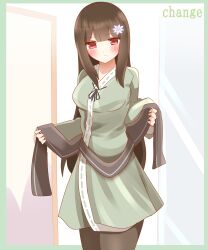 Rule 34 | 1girl, absurdres, black pantyhose, blush, border, breasts, brown hair, closed mouth, commentary request, english text, flower, green border, green kimono, hair flower, hair ornament, highres, japanese clothes, kimono, long hair, long sleeves, medium breasts, non (wednesday-classic), obi, original, pantyhose, red eyes, ribbon-trimmed kimono, sash, solo, standing, undressing, very long hair, white flower