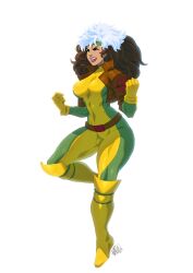 Rule 34 | 1girl, 2023, arms up, bodysuit, boots, breasts, brown hair, capcom, clenched hands, collarbone, commentary, covered erect nipples, crossed legs, dyed bangs, english commentary, female focus, floating, from side, full body, gloves, green bodysuit, green eyes, green headband, grin, headband, highres, jacket, large breasts, leather, leather jacket, leg up, lips, looking ahead, marvel, marvel vs. capcom, medium breasts, multicolored bodysuit, multicolored clothes, multicolored hair, open mouth, red lips, rogue (x-men), serious, smile, solo, solo focus, superhero costume, tan, thigh boots, tovio rogers, two-tone bodysuit, two-tone hair, wavy hair, white background, white hair, x-men, x-men: the animated series, yellow bodysuit, yellow footwear, yellow gloves