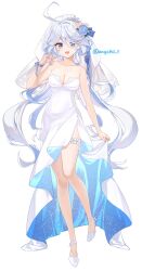 Rule 34 | 1girl, angchi, bare shoulders, blue dress, blue eyes, blue hair, breasts, cleavage, collarbone, dress, drop-shaped pupils, flower, full body, furina (genshin impact), genshin impact, grey hair, hair between eyes, hair flower, hair ornament, hand up, heterochromia, high-low skirt, high heels, highres, knee up, long hair, looking at viewer, medium breasts, multicolored hair, open mouth, playing with own hair, side slit, simple background, skirt hold, solo, standing, standing on one leg, strapless, strapless dress, streaked hair, symbol-shaped pupils, thigh scrunchie, tiara, twitter username, two-sided dress, two-sided fabric, wavy hair, wedding dress, white background, white dress, white footwear, white veil, wristband