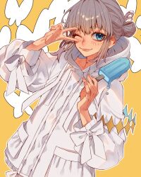 Rule 34 | 1boy, blue eyes, coat, drawstring, fate/grand order, fate (series), fingernails, food, grey hair, highres, holding, holding food, holding popsicle, hood, hooded coat, kujiraoka, long sleeves, male focus, oberon (fate), official alternate costume, one eye closed, popsicle, smile, solo, v, white coat, yellow eyes