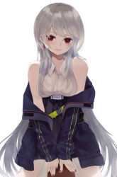 Rule 34 | 1girl, absurdres, bad id, bad pixiv id, bare shoulders, belt, black belt, black skirt, blue jacket, book, breasts, earrings, eyebrows hidden by hair, fang, grey hair, high-waist skirt, highres, jacket, jewelry, long hair, looking at viewer, medium breasts, nail polish, off shoulder, ogami ren, open clothes, open jacket, original, parted lips, red eyes, red nails, shirt, simple background, skirt, sleeveless, sleeveless shirt, smile, solo, very long hair, white background, white shirt