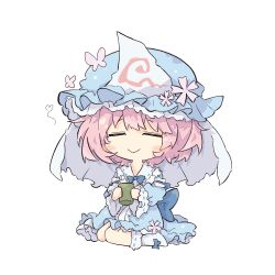 Rule 34 | 1girl, :&gt;, blue bow, blue bowtie, blue hat, blue kimono, bow, bowtie, closed mouth, commentary, cup, facing viewer, full body, hat, holding, holding cup, japanese clothes, kimono, long sleeves, mob cap, pink hair, primsla, saigyouji yuyuko, short hair, simple background, sitting, smile, solo, touhou, triangular headpiece, white background