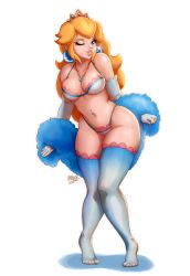 Rule 34 | 1girl, absurdres, artist name, bare shoulders, blonde hair, blue bra, blue eyes, blue gloves, blue panties, blue thighhighs, bluesanikman, bra, breasts, cleavage, collar, collarbone, contrapposto, crown, curvy, earrings, elbow gloves, eyelashes, feather boa, full body, fur trim, glint, gloves, gradient gloves, gradient legwear, highres, jewelry, knees together feet apart, large breasts, lips, long hair, looking at viewer, mario (series), medium breasts, multicolored bra, multicolored clothes, multicolored legwear, multicolored panties, navel, navel piercing, nintendo, no shoes, nose, one eye closed, panties, parted lips, pendant, piercing, pink bra, pink lips, pink panties, pink thighhighs, princess peach, shadow, shiny skin, simple background, skindentation, smirk, solo, standing, stomach, strap gap, super mario bros. 1, thick eyebrows, thick thighs, thighhighs, thighs, tiptoes, underwear, underwear only, white background, white bra, white gloves, white panties, white thighhighs, wide hips, wink