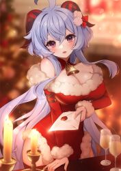 Rule 34 | 1girl, ahoge, ankkoyom, bare shoulders, bell, blue hair, blush, breasts, candle, cleavage, coat, cup, drinking glass, fur-trimmed coat, fur trim, ganyu (genshin impact), genshin impact, highres, horns, large breasts, letter, long hair, looking at viewer, neck bell, off shoulder, open mouth, purple eyes, santa costume, sidelocks, solo, wine glass