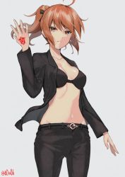 Rule 34 | 1girl, arm up, black bra, bra, breasts, brown eyes, brown hair, command spell, cowboy shot, dress shirt, fate/grand order, fate (series), formal, frown, fujimaru ritsuka (female), fujimaru ritsuka (female) (royal brand), grey background, groin, looking at viewer, medium breasts, navel, open clothes, open shirt, orange hair, pant suit, pants, ponytail, shirt, signature, simple background, solo, suit, twitter username, underwear, white base, you06