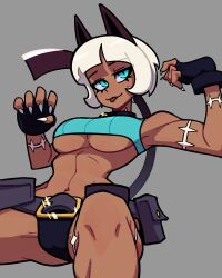Rule 34 | :3, absurdres, belt buckle, belt pouch, blue eyes, bob cut, breasts, buckle, cat girl, collar, dark-skinned female, dark skin, fingerless gloves, gloves, grey background, groin tendon, highres, large breasts, ms. fortune (skullgirls), muds (tentacles r us), neck bell, pouch, scar, short hair, sitting, skullgirls, smile, spread legs, tongue, tongue out, underboob, white hair