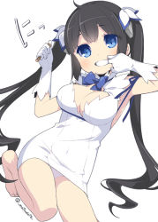 Rule 34 | 10s, 1girl, black hair, blue eyes, breasts, cleavage, clenched teeth, dungeon ni deai wo motomeru no wa machigatteiru darou ka, finger in own mouth, gloves, hair ribbon, hestia (danmachi), large breasts, long hair, looking at viewer, matsuda98, mouth pull, rei no himo, ribbon, simple background, solo, teeth, twintails, twitter username, very long hair, white background, white gloves