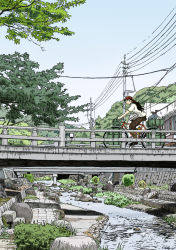 Rule 34 | 1girl, backpack, bag, bandana, bicycle, black hair, branch, bridge, building, daigo fujiie, day, grass, guard rail, highres, limited palette, long hair, original, outdoors, ponytail, power lines, red bandana, riding, riding bicycle, river, riverbank, rock, scenery, shirt, short sleeves, signature, sky, smile, solo, stairs, tree, utility pole, water