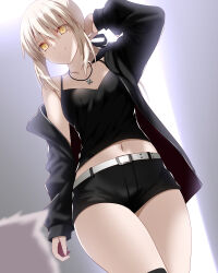 Rule 34 | 1girl, absurdres, artoria pendragon (all), artoria pendragon (fate), bare shoulders, black camisole, black jacket, black ribbon, black shorts, blonde hair, breasts, camisole, cavall the 2nd, cleavage, collarbone, dog, engo (aquawatery), fate/grand order, fate (series), hair ribbon, highres, jacket, jewelry, long hair, long sleeves, looking at viewer, low ponytail, medium breasts, necklace, off shoulder, open clothes, open jacket, ribbon, saber alter, saber alter (ver. shinjuku 1999) (fate), short shorts, shorts, sidelocks, smile, solo focus, thighs, yellow eyes