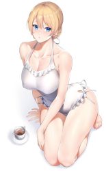Rule 34 | 1girl, blonde hair, blue eyes, blush, braid, breasts, cleavage, covered erect nipples, cup, darjeeling (girls und panzer), girls und panzer, large breasts, one-piece swimsuit, saucer, short hair, simple background, sitting, solo, swimsuit, tea, teacup, twin braids, white background, white one-piece swimsuit, zucchini