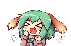 Rule 34 | &gt; &lt;, +++, 1girl, :d, animal ears, brown dress, dress, closed eyes, fang, green hair, kasodani kyouko, laughing, open mouth, simple background, smile, solo, touhou, upper body, wool (miwol), xd