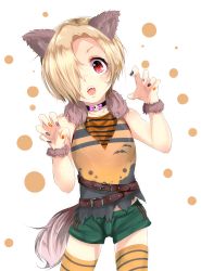 Rule 34 | 10s, 1girl, animal ears, bare shoulders, belt, bike shorts, blonde hair, choker, claw pose, commentary request, fake animal ears, fake tail, hair over one eye, halloween, halloween costume, highres, idolmaster, idolmaster cinderella girls, looking at viewer, multicolored nails, nail polish, open mouth, red eyes, shirasaka koume, short hair, solo, striped clothes, striped legwear, striped thighhighs, tail, takesyun, thighhighs