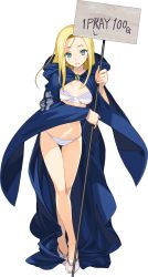 Rule 34 | 1girl, aqua eyes, blonde hair, bra, cloak, contrapposto, english text, engrish text, female focus, full body, green eyes, highres, holding, holding sign, leaning forward, long hair, long sleeves, looking at viewer, official art, onono imoko, panties, parted lips, price, rance (series), ranguage, rose card, sign, simple background, solo, standing, third-party edit, transparent background, underwear, white bra, white panties, wide sleeves