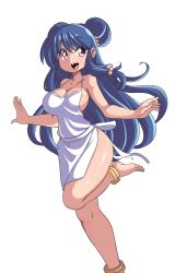 Rule 34 | 1girl, absurdres, apron, bare shoulders, barefoot, blue hair, breasts, curvy, double bun, hair bun, highres, jewelry, jumping, large breasts, long hair, looking at viewer, lucyfer, naked apron, open mouth, ranma 1/2, selfie, shampoo (ranma 1/2), shiny skin, simple background, smile, toes, very long hair