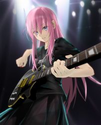 Rule 34 | 1girl, absurdres, black shirt, black skirt, blue eyes, bocchi the rock!, closed mouth, cowboy shot, electric guitar, from below, gibson les paul, gotoh hitori, guitar, hair between eyes, hair over eyes, highres, holding, holding instrument, indoors, instrument, long hair, music, pink hair, playing instrument, pleated skirt, shirt, short sleeves, skirt, solo, spotlight, standing, ykm