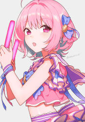 Rule 34 | 1girl, :o, bare arms, bare shoulders, commentary request, crop top, glowstick, highres, holding, holding glowstick, idolmaster, idolmaster cinderella girls, looking at viewer, midriff, open mouth, peach11 01, pink eyes, pink hair, pink shirt, shirt, short hair, solo, upper body, yumemi riamu