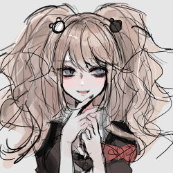 Rule 34 | 1girl, :d, bear hair ornament, black shirt, blonde hair, bow, danganronpa: trigger happy havoc, danganronpa (series), enoshima junko, grey eyes, hair ornament, hands up, highres, long hair, messy hair, naruse (nal1525), open mouth, own hands together, red bow, shirt, simple background, smile, solo, twintails, unfinished, upper body, white background
