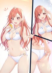 Rule 34 | 1girl, absurdres, adjusting bra, adjusting clothes, ahoge, arisugawa natsuha, ass, bare legs, bikini, bra, breasts, cleavage, collarbone, commentary request, earrings, eating, food, food on body, food on breasts, halterneck, highres, ice cream, idolmaster, idolmaster shiny colors, jewelry, long hair, looking at viewer, medium breasts, miyar2d2, multiple views, navel, o-ring, o-ring bikini, open mouth, orange hair, purple eyes, simple background, smile, standing, surprised, swimsuit, thighs, underwear, white bikini