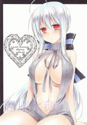 Rule 34 | 1girl, ahoge, barefoot, blush, bow, breasts, character cutout, french text, fujiwara minaho, grey ribbon, grey sweater, hair between eyes, heart, large breasts, long hair, marker (medium), naked sweater, red eyes, ribbed sweater, silver hair, sitting, solo, striped, striped bow, sweater, traditional media, utau, very long hair, vest, vocaloid, white background, yowane haku
