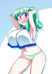 Rule 34 | 1girl, alternate hairstyle, armpits, arms behind head, blue background, blue eyes, blush, breasts, covered erect nipples, cowboy shot, crop top, crop top overhang, frog hair ornament, full-face blush, green hair, green panties, hair ornament, hip focus, huge breasts, kochiya sanae, looking at viewer, navel, no pants, obyaa, open mouth, outline, panties, ponytail, shiny skin, short hair, sleeveless, snake hair ornament, solo, stomach, thighs, touhou, two-tone background, underwear, white background
