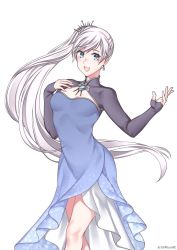 Rule 34 | 1girl, blue dress, blue eyes, blush, dress, kio rojine, long hair, looking at viewer, open mouth, rwby, scar, side ponytail, smile, weiss schnee, white background, white hair