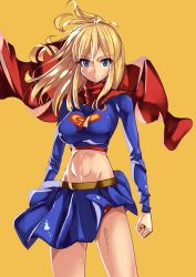 Rule 34 | 1girl, animification, billowing cape, blonde hair, blue eyes, blue skirt, breasts, cape, clenched hand, dc comics, floating hair, highres, i.takashi, logo, medium breasts, midriff, skirt, solo, supergirl, superman (series), v-shaped eyebrows
