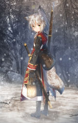 Rule 34 | 1girl, ahoge, animal ear fluff, animal ears, ascot, bag, bare tree, black coat, black footwear, black gloves, blush, boots, closed mouth, coat, coreytaiyo, cross-laced footwear, day, forest, gloves, grey hair, hair between eyes, highres, holding, holding lantern, lace-up boots, lantern, long sleeves, looking at viewer, looking to the side, nature, original, outdoors, pants, puffy pants, sheath, sheathed, sleeves past wrists, smile, snow, snowing, solo, standing, sword, tail, tree, weapon, white ascot, white pants, yellow eyes