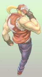 Rule 34 | baseball cap, blonde hair, denim, fatal fury, fingerless gloves, from behind, gloves, hat, highres, jeans, male focus, muscular, pants, ponytail, red footwear, red hat, shoes, sneakers, solo, tank top, terry bogard, the king of fighters, torn clothes, torn sleeves, zinguuzisaburou