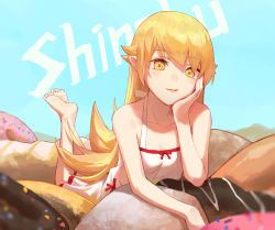 Rule 34 | 1girl, bare shoulders, barefoot, blonde hair, bow, doughnut, dress, food, hand on own cheek, hand on own face, long hair, lying, monogatari (series), on stomach, oshino shinobu, oversized food, oversized object, pointy ears, red bow, smile, soles, solo, sundress, tesin (7aehyun), the pose, toes, white dress, yellow eyes