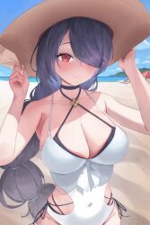 Rule 34 | 1girl, absurdres, beach, black hair, blue archive, blush, braid, breasts, cleavage, collarbone, cowboy shot, day, fingernails, groin, hair over one eye, halterneck, highres, hinata (blue archive), hinata (swimsuit) (blue archive), large breasts, long hair, ocean, official alternate costume, one-piece swimsuit, outdoors, red eyes, rikuhito juusan, single braid, smile, solo, swimsuit, very long hair, white one-piece swimsuit