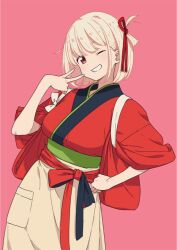 Rule 34 | 1girl, bob cut, breasts, clenched teeth, commentary, cowboy shot, hair ribbon, hashtag-only commentary, imigimuru, japanese clothes, kimono, looking at viewer, lycoris recoil, medium breasts, nishikigi chisato, obi, official alternate costume, one eye closed, one side up, pink background, red eyes, red kimono, red ribbon, ribbon, sash, simple background, smile, solo, tasuki, teeth, v