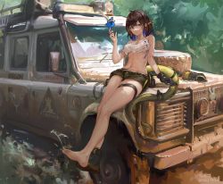 Rule 34 | 1girl, absurdres, animal, animal on hand, arknights, bare arms, bare legs, bare shoulders, barefoot, bikini, bird, black gloves, black hair, black shorts, blue eyes, boots, breasts, chinese commentary, commentary request, eunectes (arknights), eunectes (forgemaster) (arknights), feet, gloves, hand up, high priest (arknights), highres, kjerag logo, looking at viewer, medium breasts, navel, official alternate costume, outdoors, pointy ears, rhodes island logo (arknights), sargon logo, sawkm, short hair, short shorts, shorts, single glove, sitting, snake tail, soles, solo, sports utility vehicle, stomach, swimsuit, tail, thigh strap, thighs, tire, toes, torn clothes, unworn boots, vehicle focus, white bikini