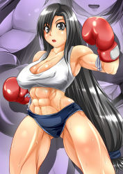 Rule 34 | 1990s (style), 1girl, abs, alop-net, armpits, bare shoulders, black eyes, black hair, boxing gloves, breasts, cleavage, covered erect nipples, female focus, final fantasy, final fantasy vii, gloves, highres, large breasts, lips, long hair, muscular, solo, sweat, tank top, tifa lockhart, very long hair