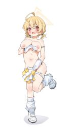 Rule 34 | 1girl, absurdres, ahoge, arm under breasts, blonde hair, blue archive, blush, braid, breast hold, breasts, cheerleader, commentary request, covering privates, covering crotch, gloves, halo, highres, holding, holding pom poms, kotori (blue archive), kotori (cheer squad) (blue archive), large breasts, looking at viewer, loose socks, navel, nipples, nude, official alternate costume, open mouth, pom pom (cheerleading), pom poms, rarigo, red eyes, shoes, short hair, simple background, socks, solo, standing, standing on one leg, stomach, sweat, thigh strap, twintails, white background, white footwear