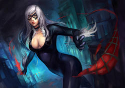 Rule 34 | 1girl, blue eyes, breasts, catsuit, city, female focus, long hair, mask, night, outdoors, sky, solo, standing, white hair