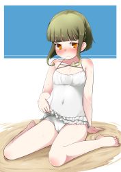 Rule 34 | 1girl, barefoot, blue background, bob cut, braid, brown eyes, cameltoe, casual one-piece swimsuit, clothes lift, covered navel, full body, green hair, highres, kantai collection, lifting own clothes, looking at viewer, nassukun, one-piece swimsuit, short hair, sidelocks, sitting, skirt, skirt lift, solo, swimsuit, swimsuit skirt, takanami (kancolle), two-tone background, wariza, white background, white one-piece swimsuit