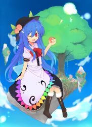 Rule 34 | 1girl, :d, bad id, bad pixiv id, blue hair, blue sky, blush, boots, bow, day, dress, female focus, floating, floating island, food, fruit, hat, highres, hinanawi tenshi, holding, holding food, holding fruit, long hair, one eye closed, open mouth, peach, red eyes, rock, shibatenko, sitting, sky, smile, solo, touhou, tree, very long hair, wink