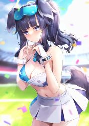 Rule 34 | 1girl, absurdres, animal ears, bare shoulders, blue archive, blush, bracelet, breasts, cleavage, confetti, dog ears, dog girl, dog tail, eyewear on head, goggles, goggles on head, halo, hane yuki, hibiki (blue archive), hibiki (cheer squad) (blue archive), highres, holding, jewelry, long hair, looking at viewer, medium breasts, millennium cheerleader outfit (blue archive), navel, official alternate costume, solo, sticker on arm, sticker on face, tail, yellow halo