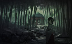 Rule 34 | 1girl, arm across waist, bamboo, bamboo forest, black hair, blurry, bow (weapon), breasts, building, closed mouth, depth of field, expressionless, forest, grass, hair between eyes, holding, holding bow (weapon), holding weapon, japanese clothes, long hair, long sleeves, looking at viewer, medium breasts, nature, original, outdoors, path, road, shrine, signature, skirt, solo, standing, twilight, weapon, wide sleeves, zhaoyuan pan