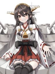 Rule 34 | 1girl, black hair, boots, breasts, brown eyes, cannon, detached sleeves, frilled skirt, frills, hair between eyes, hairband, haruna (kancolle), haruna kai ni (kancolle), headgear, highres, japanese clothes, kantai collection, large breasts, long hair, looking at viewer, nontraditional miko, red skirt, ribbon-trimmed sleeves, ribbon trim, rigging, skirt, smile, solo, thigh boots, totoraisu, turret, wide sleeves