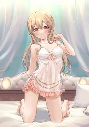 Rule 34 | 1girl, arm behind back, bare legs, barefoot, bed, blonde hair, blush, bow, canopy bed, character request, collarbone, dress, full body, hair between eyes, hand in own hair, kneeling, long hair, looking at viewer, nanase (nns 6077), navel, orange eyes, parted lips, see-through, short dress, sleepwear, sleeveless, sleeveless dress, solo, straight hair, very long hair, white bow, white dress