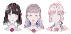 3: 3girls :3 :d ahoge anyoji_hime black_hair black_ribbon blonde_hair blue_eyes blunt_bangs blunt_ends braid brown_hair center-flap_bangs commentary_request cropped_head flower flower_knot gradient_hair green_eyes hair_flower hair_intakes hair_ornament hair_ribbon hasu_no_sora_school_uniform hood hood_down hooded_jacket jacket kachimachi_kosuzu light_frown link!_like!_love_live! long_hair looking_at_viewer love_live! momose_ginko multi-tied_hair multicolored_hair multiple_girls open_clothes open_jacket open_mouth pink_eyes pink_hair pink_jacket ponytail ribbon sailor_collar school_uniform short_hair side_ahoge side_braids sidelocks sideways_glance simple_background smile straight_hair swept_bangs teeth upper_teeth_only virtual_youtuber white_background white_sailor_collar winter_uniform yoruneko_yashiro