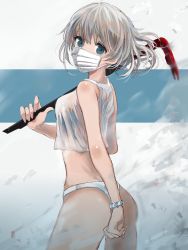Rule 34 | 1girl, ass, bad id, bad pixiv id, bare arms, bare shoulders, blue eyes, bracelet, cowboy shot, crowbar, from side, holding, holding crowbar, jewelry, looking at viewer, looking to the side, mask, original, panties, short hair, silver hair, solo, swav, tank top, tosk (swav-coco), underwear, white panties