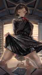 1girl absurdres belt black_belt black_jacket black_shirt brown_eyes brown_hair chain closed_mouth clothes_lift commentary_request highres jacket lifting_own_clothes looking_at_viewer original pleated_skirt red_ribbon ribbon shirt shirt_tucked_in short_hair skirt skirt_lift smile soleil_(soleilmtfbwy03) solo squatting swept_bangs thighhighs thighs white_thighhighs window window_blinds