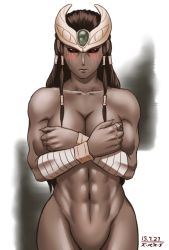 Rule 34 | 1girl, abs, bandages, black hair, black sclera, blush, breasts, character request, cleavage, collarbone, colored sclera, comic, covering privates, covering breasts, cowboy shot, embarrassed, fingernails, forehead jewel, forehead protector, gradient background, groin, hair tubes, jewelry, kamen rider, kamen rider kuuga (series), long hair, looking at viewer, muscular, muscular female, navel, nude, out-of-frame censoring, red eyes, ring, sharp fingernails, solo, taikyokuturugi, zu-mebio-da