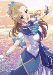 Rule 34 | 1girl, blue bow, blue eyes, bow, bracelet, breasts, brooch, brown hair, dress, earrings, female focus, from side, gloves, hair bow, jewelry, katarina claes, long hair, looking at viewer, medium breasts, open mouth, otome game no hametsu flag shika nai akuyaku reijou ni tensei shite shimatta, outstretched arms, rurukichi, short sleeves, solo, spread arms, white gloves