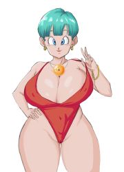 Rule 34 | 1girl, bare arms, bare shoulders, bikini, blue eyes, blue hair, breasts, bulma, cleavage, cowboy shot, dragon ball, dragon ball (object), dragonball z, earrings, hand on own hip, highres, hoop earrings, huge breasts, jewelry, looking at viewer, panarandom, short hair, solo, swimsuit, thighs, v